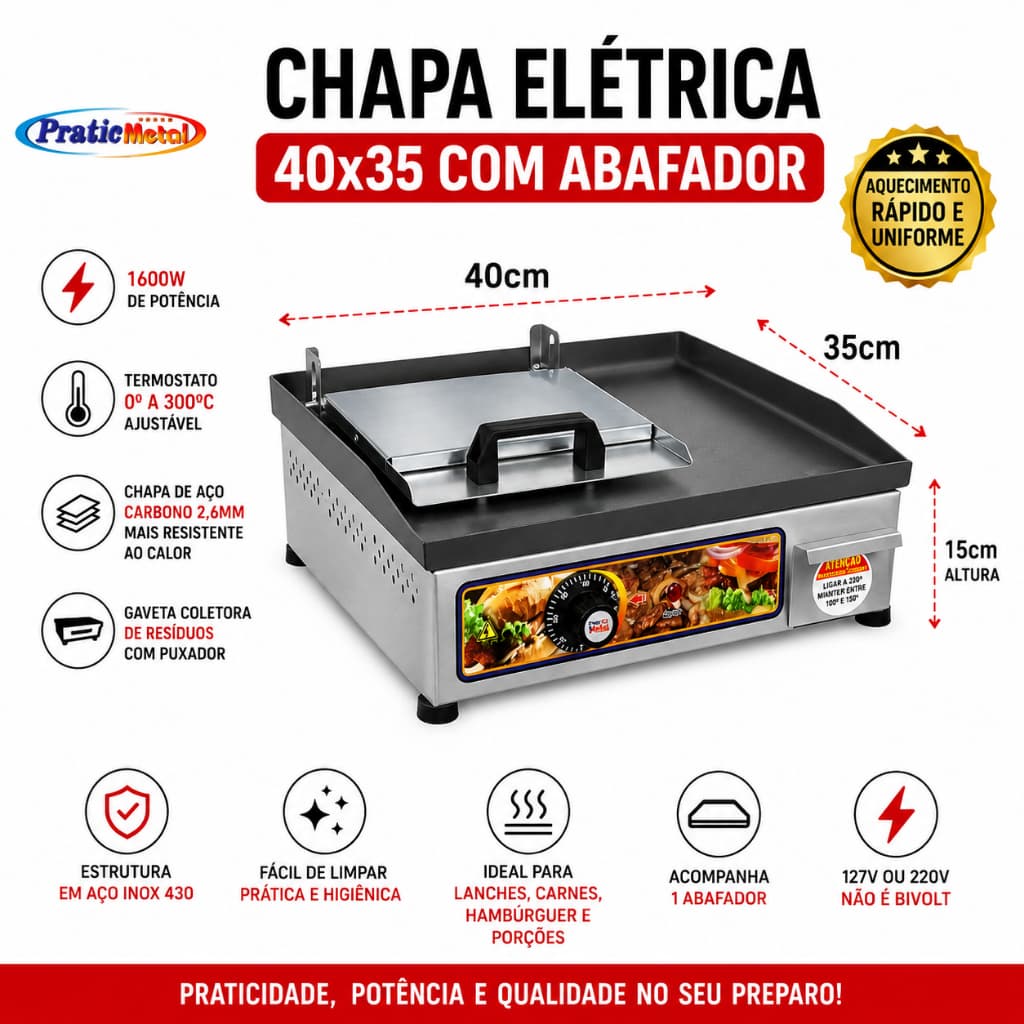 hapa Elétrica Profissional 40x35 para Hambúrguer Lanches com Abafador Prensa 110V 220V Pratic