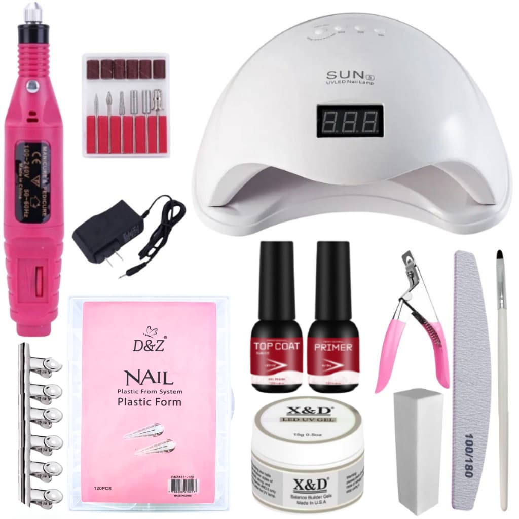Kit Alongamento Unha Gel Cabine Sun 5, Lixadeira Motor Caneta, Molde F1, Gel X&D, Top Coat e Primer