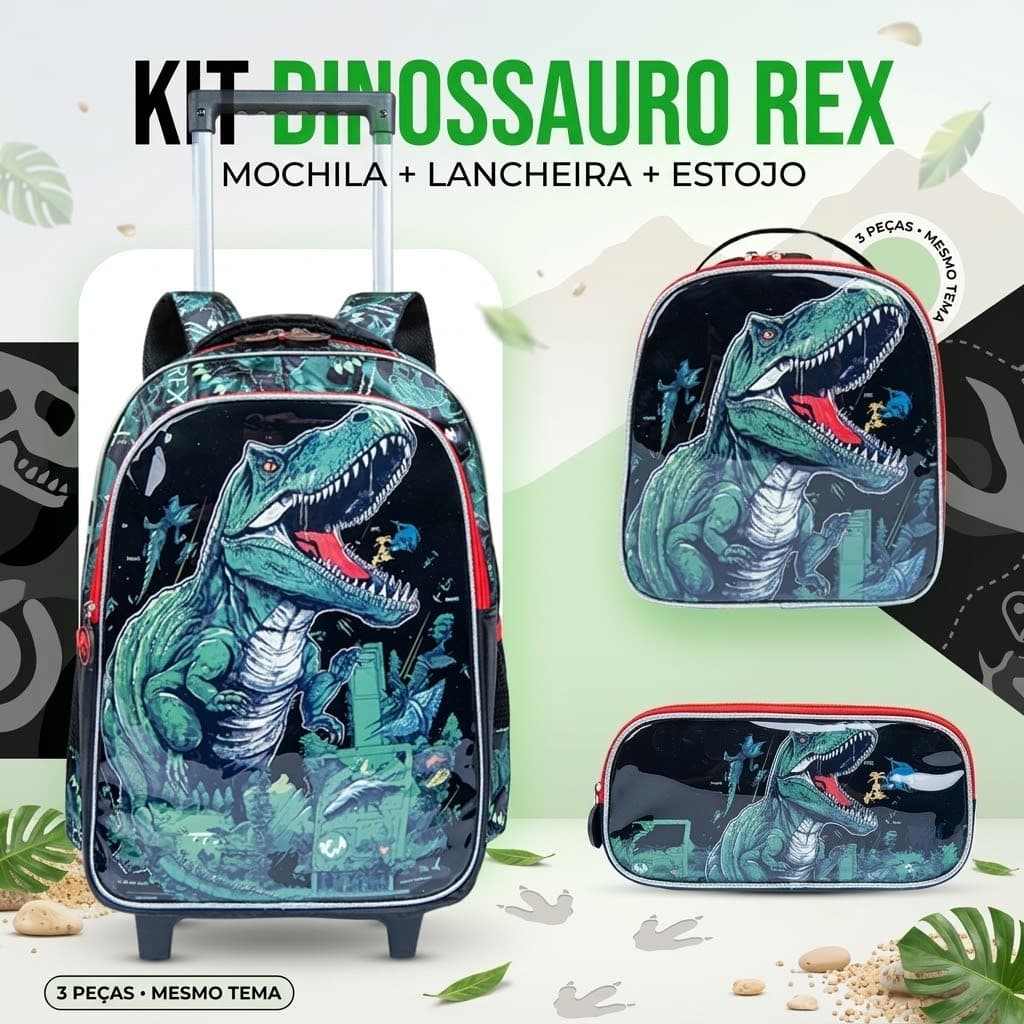 Mochila Infantil Menino Kit Escolar Mochila Estojo Duplo Lancheira Térmica Itens Impermeáveis Tema de Dinossauros