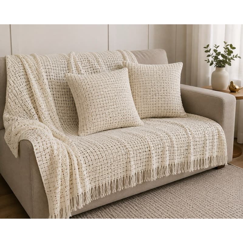 Manta Decorativa em Tricô Vazado com Franjas 1,60 x 2,20 m – Estilo Boho