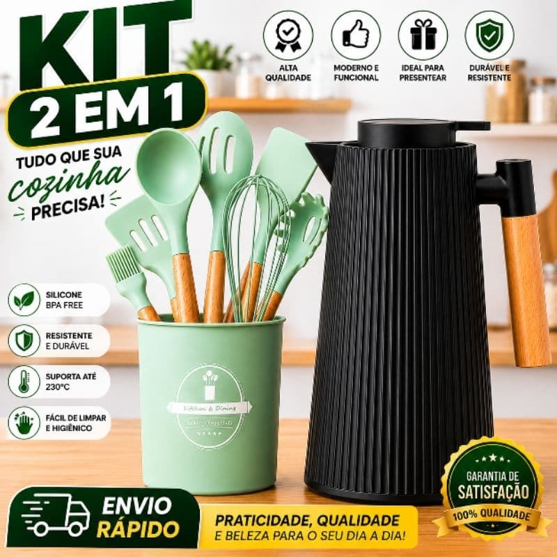 Garrafa Térmica Café 1L +12 Peças Utensílios de Cozinha Silicone