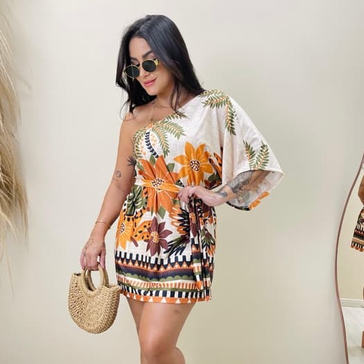 Vestido Feminino Curto Um Ombro So Arara Flores Inspiracao