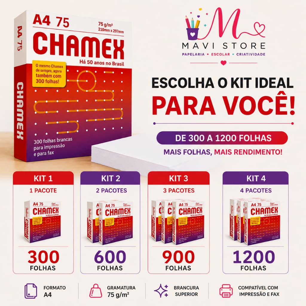 Papel A4 Chamex Original 75g Branco | KIT 300, 600, 900, 1200 Folhas