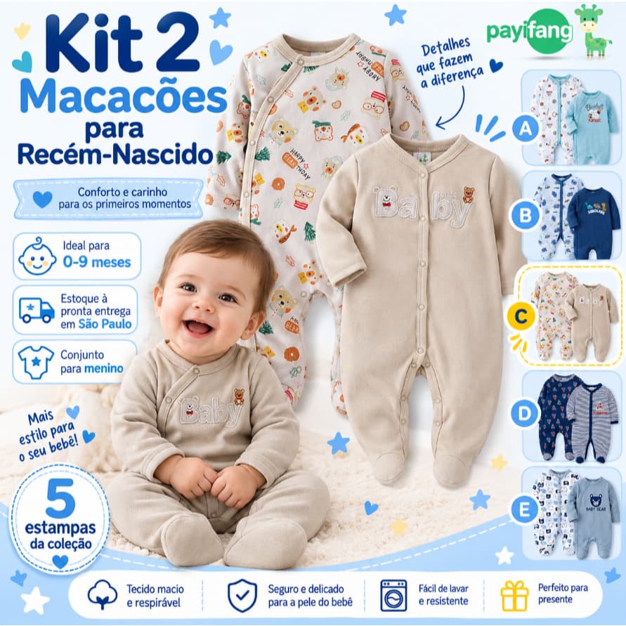 Kit 2 Macacão Pijama Bebê Esporte Baseball Azul Claro Payifang 100% Algodão Macio 0-3 3-6 6-9 Meses Com Pé Botão Lateral