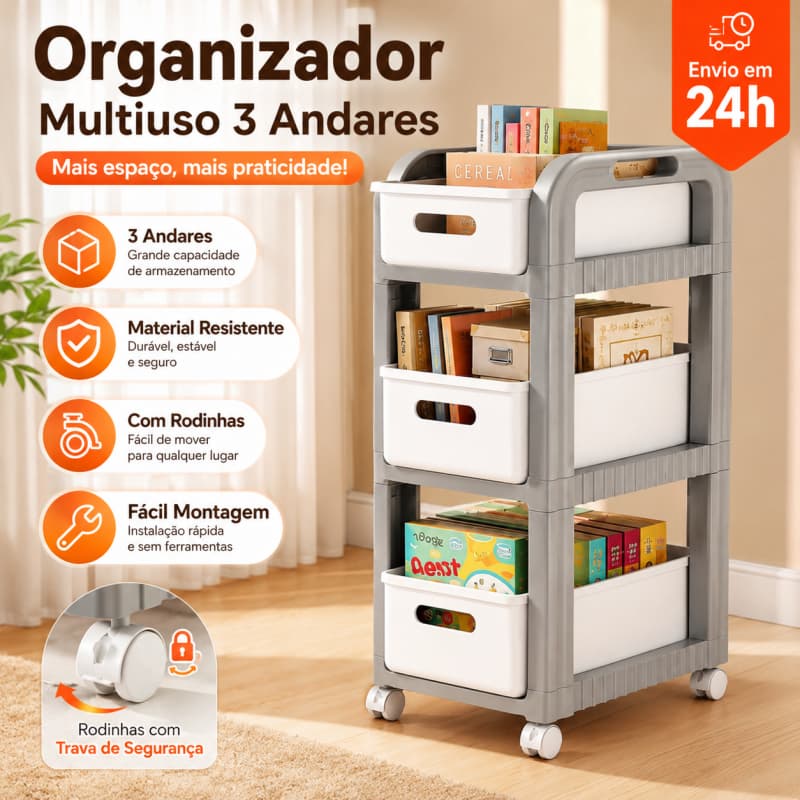 Carrinho Organizador Multiuso 3 Andares com Gavetas e Rodas, Plástico Resistente, Ideal para Frestas Estreitas Quarto