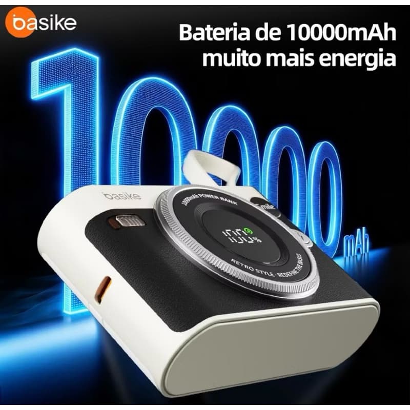 Carregador Portátil Power Bank Basike 10000mAh Turbo 20W Carga Rápida Cabo Embutido Visor LED Digital Leve