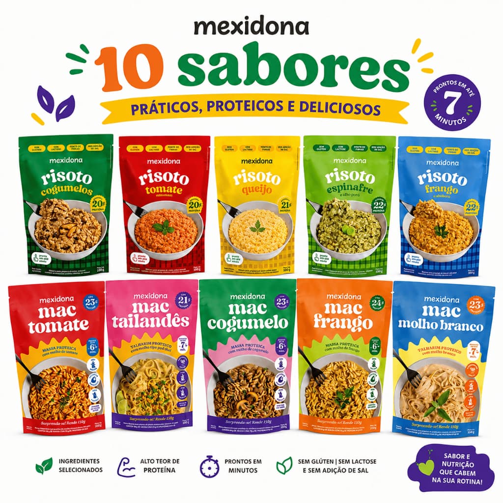 Kit 10 Risotos e Macs Proteicos Mexidona Sem Glúten Sem Lactose Tomate Cogumelo Molho Branco Tailandês Milanês Frango