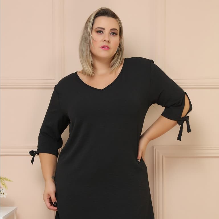 Vestido Curto Plus Size Manga Longa Gola V Elastex/COD:V46