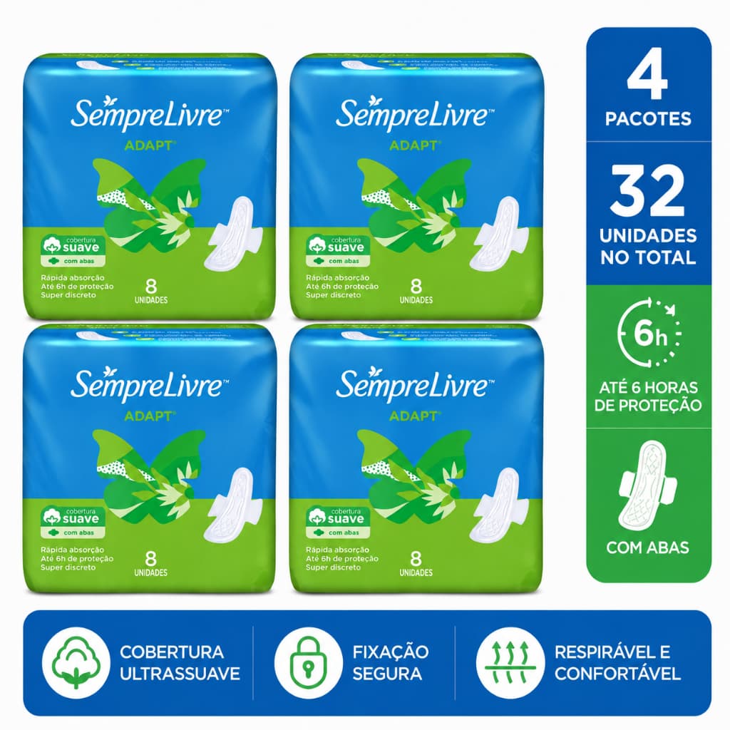Absorvente Feminino Sempre Livre Adapt Com Abas Kit Com 32 Unidades Cobertura Suave Fluxo Leve