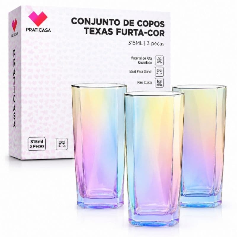 Kit 3 Copos de Vidro Texas Furta-Cor 315ml Praticasa Copo Colorido Elegante Jogo de Copos Para Água Suco Drinks