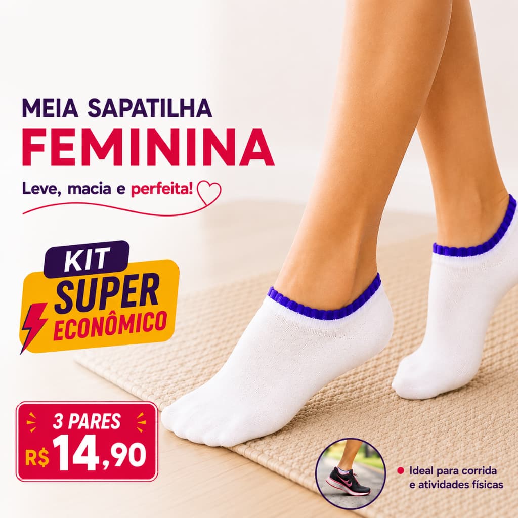 Meia Sapatilha Feminina Antitranspirante Conforto Maciez Respirabilidade e Ajuste Perfeito feita com Algodão e Lycra