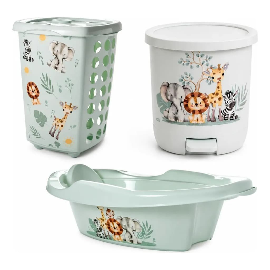 Kit 3 Peças Organização Quarto Bebê Infantil Lixeira Banheira Cesto De Roupas Plástico Decorado