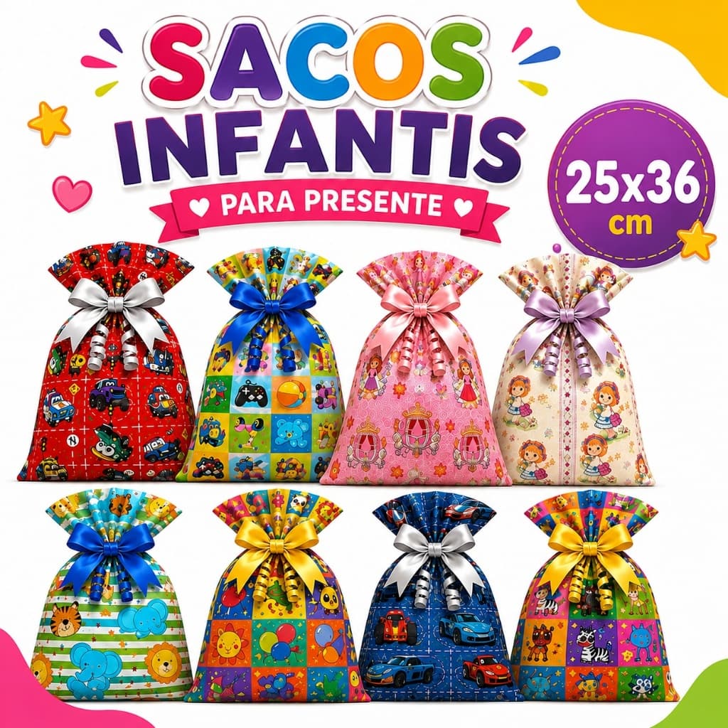 Saco Infantil para Presente 25x36cm Kit 50un Decorado Estampas Carros Princesas Bichinhos Animais Lembrancinhas Festa