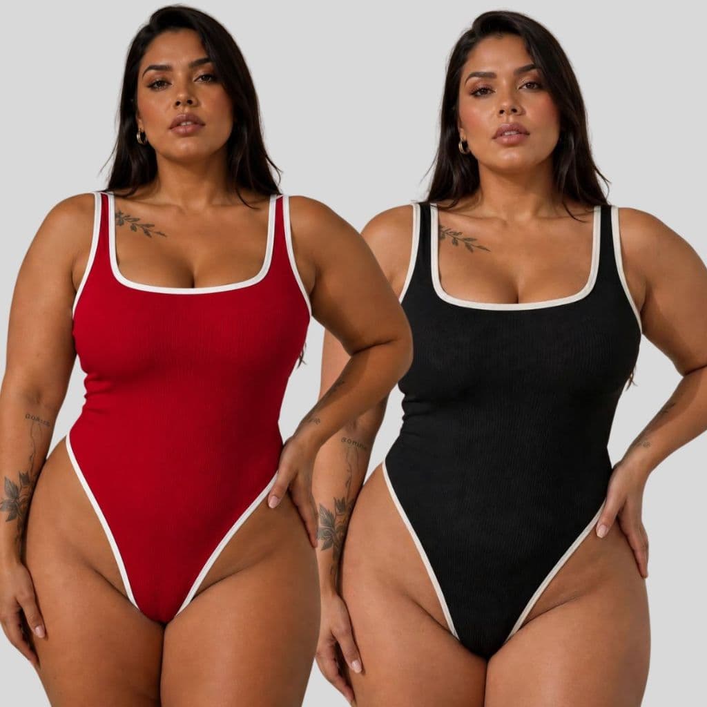 Kit Body Feminino Ribana Tok Plus Size Algodão Decote Quadrado Bicolor Alça Larga Confortável Moda Feminina