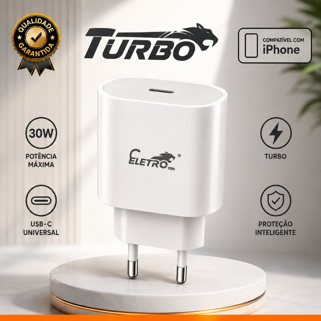 Carregador  Para Iphone Original Eletromex PD 30W Fonte USB-C Tipo C