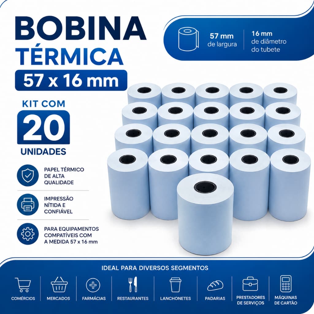 Bobina 57x16m Kit 20 para PDV Caixa Registradora Impressora Térmica Compatível Máquina Cartão