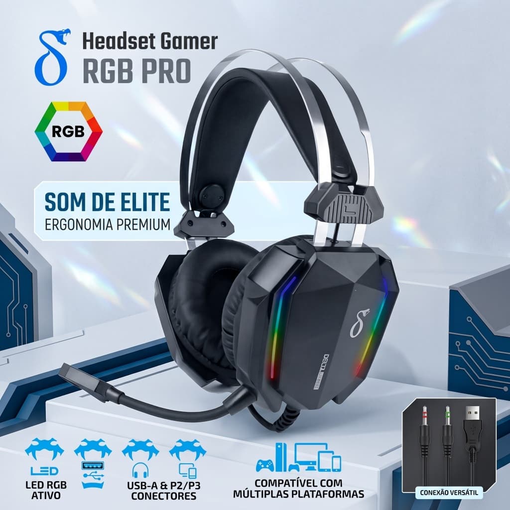 Headset Gamer RGB com Microfone, Som Envolvente 3D,  P2 + USB, Luz LED RGB,Alta Performance