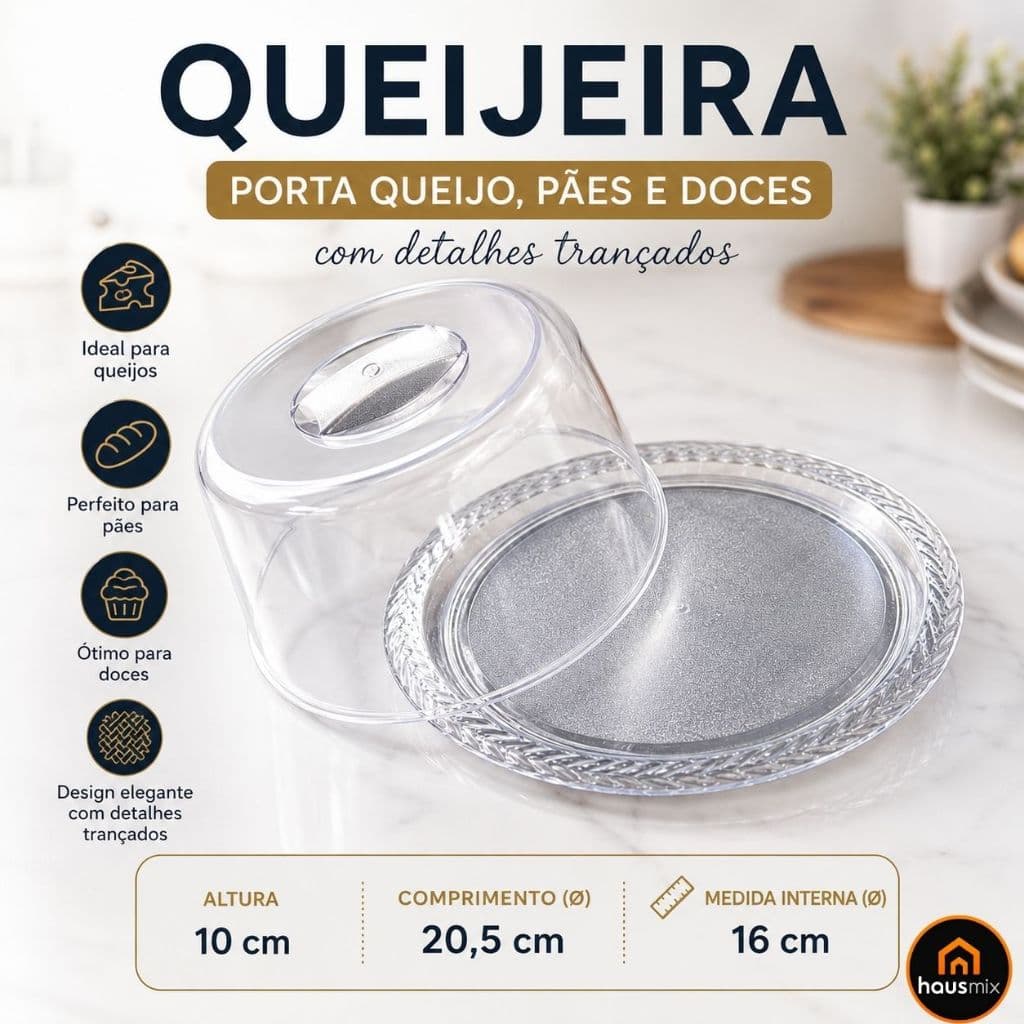Queijeira Porta Queijo Acrílico Com Tampa Café da Manhã Premium Trançada Keita (ENVIO IMEDIATO)