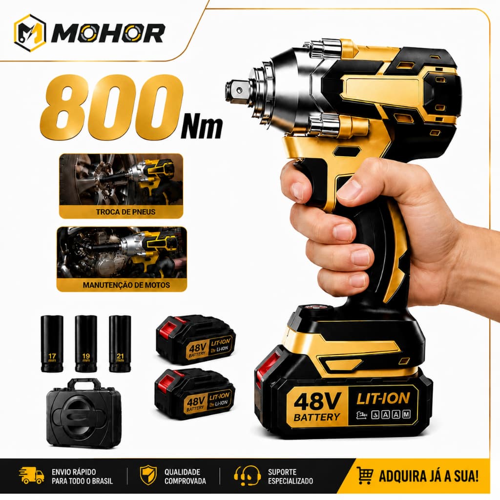 Chave de Impacto Elétrica Sem Fio 800Nm Profissional Furadeira Parafusadeira Brushless com Maleta + 2 Baterias