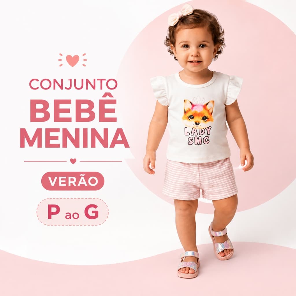 Conjunto Bebê Menina Verão 1 a 9 Meses Blusa Cotton Manga com Babado e Shorts Moletinho Lurex com Brilho