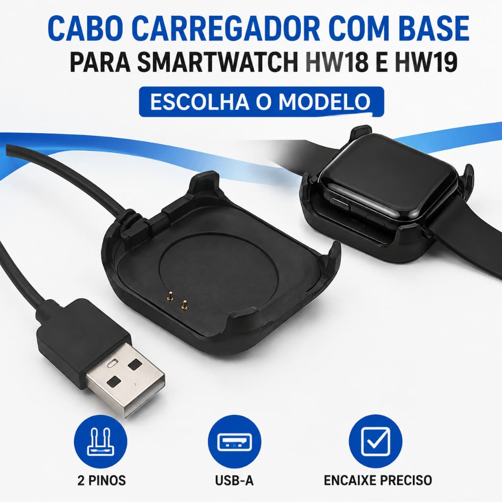 Cabo Carregador com Base para Smartwatch HW18 HW19 HW22 USB 2 Pinos