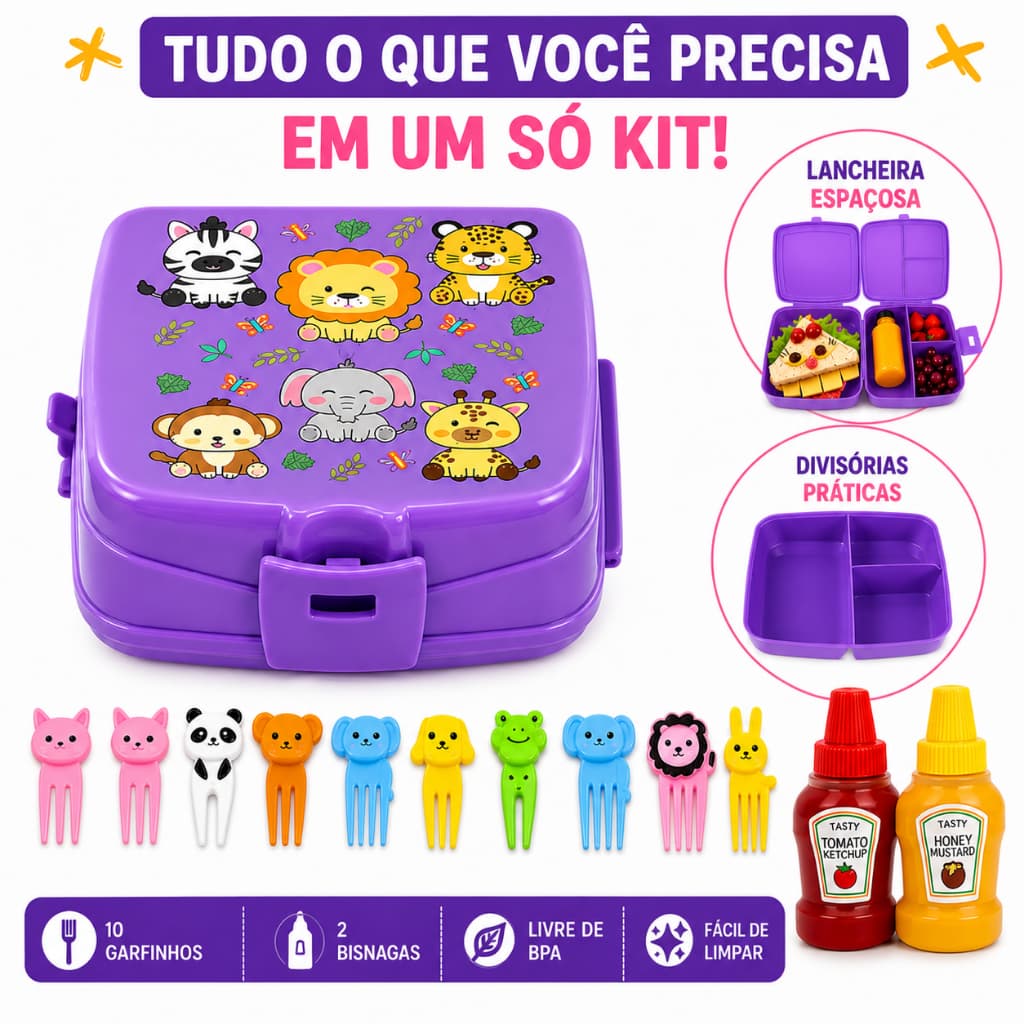 Lancheira Marmita Escolar Com 10 Garfinhos e 2 Mini Bisnagas Infantil Lanche Merenda