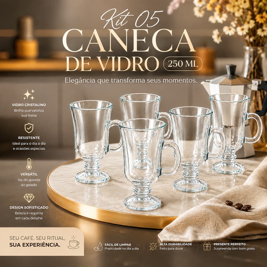 Kit 05 Caneca de Vidro Irish com alça 230 ML elegante com alça