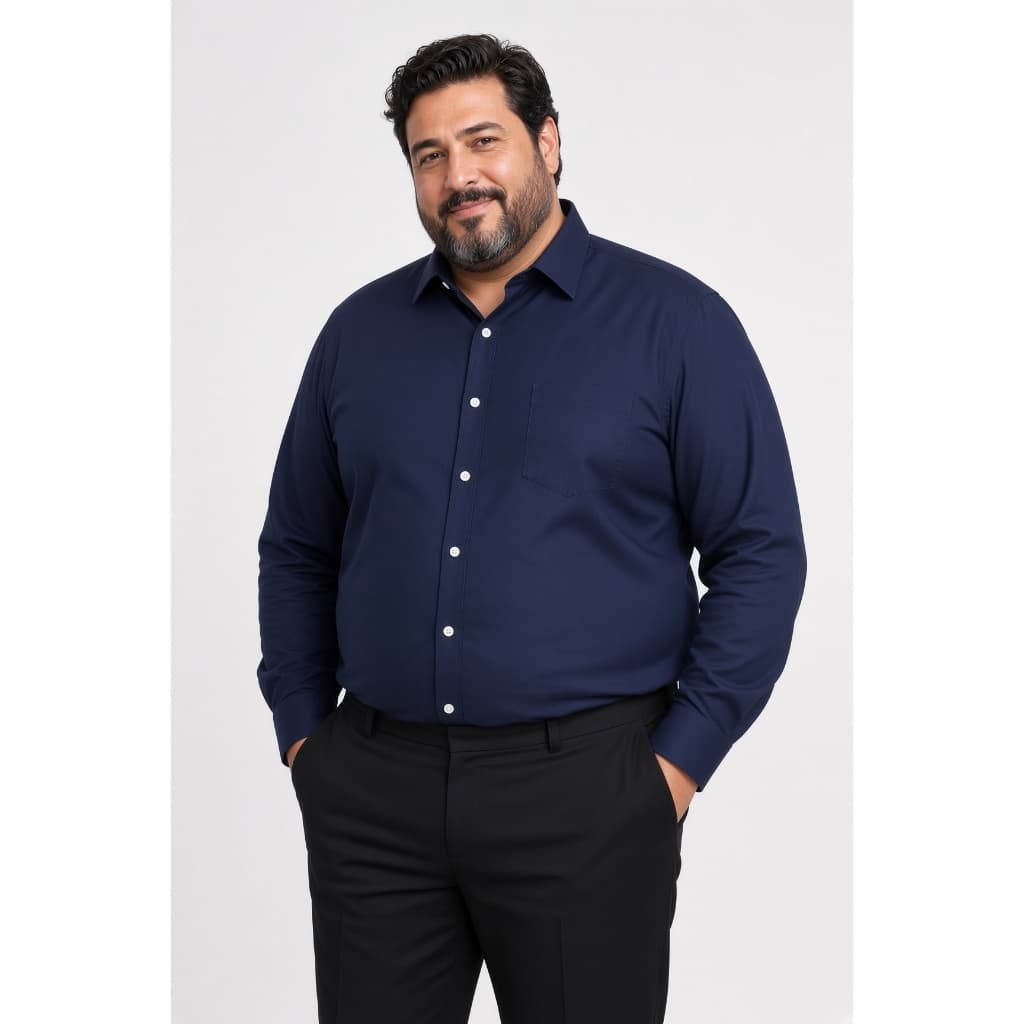 Camisa Social Masculina Plus Size Manga Longa Azul Marinho Lisa Microfibra com Elastano Bolso Uniforme Extra Grande