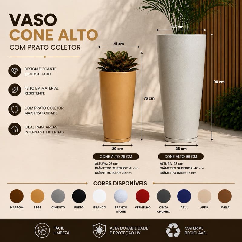 Vaso Cone Alto Polido com Prato Coletor – 76 cm e 98 cm | Vaso Decorativo para Plantas