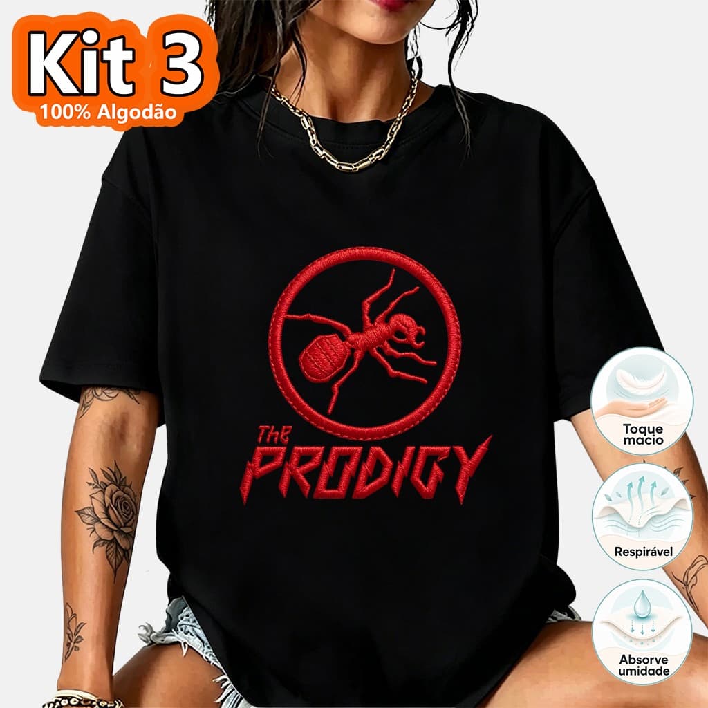 Kit 3 Camiseta Algodão 100% Bordado The Prodigy Formiga Banda Rock Unissex Plus Size Confortável Estampa