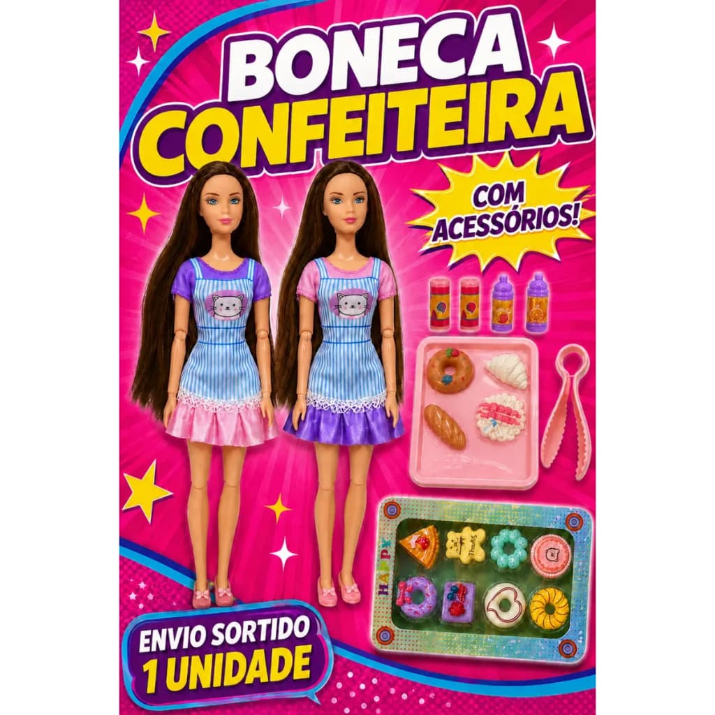 Boneca Confeiteira Articulada Infantil com Kit de Doces e Acessórios Brinquedo Faz de Conta para Meninas Presente