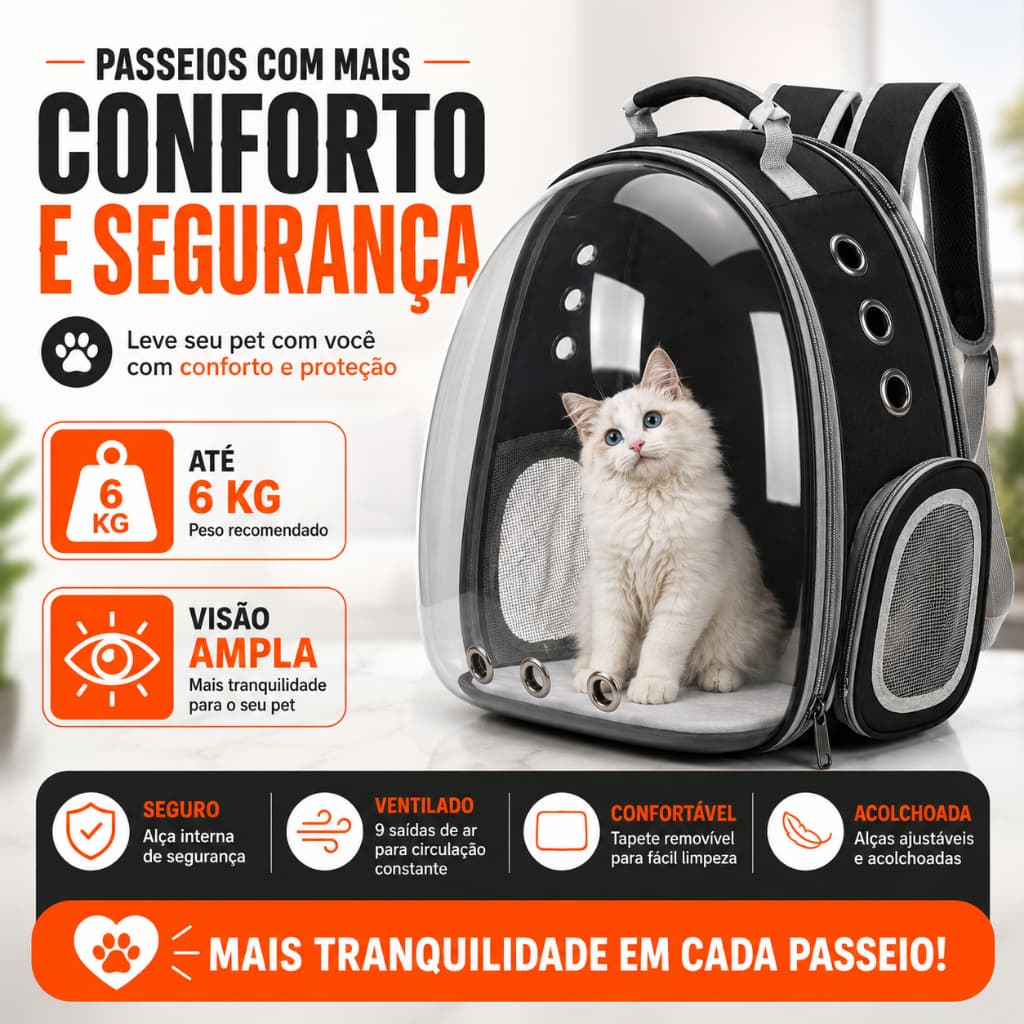 PRETO - Mochila Pet Transporte para Cães e Gatos Visão Ampla com Entrada de Ar