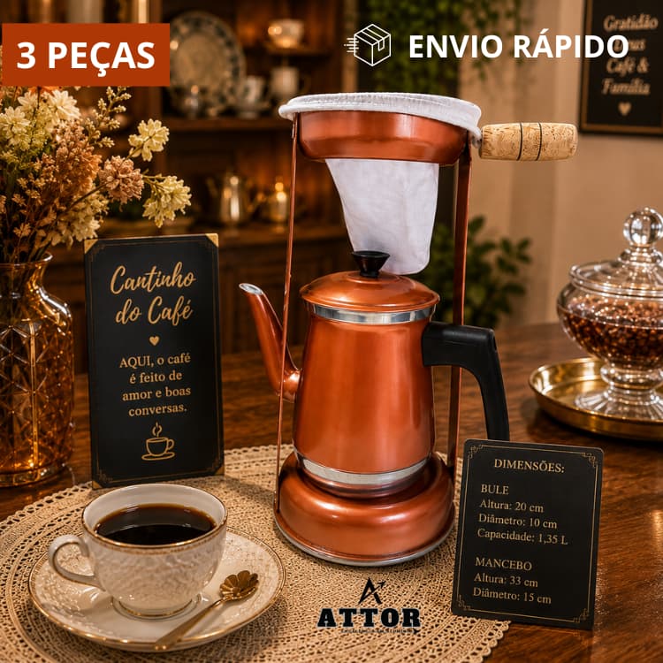 KIT MANCEBO BULE N8 1,35L COBRE CABO DE BAQUELITE E COADOR DE CAFÉ SUPORTE VELADOR PASSADOR DE CAFÉ, VINTAGE,