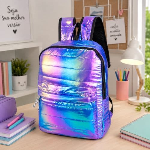 Mochila Holográfica Metalizada Escolar Feminina Juvenil Resistente Com Zíper E Alças Ajustáveis - Sortida