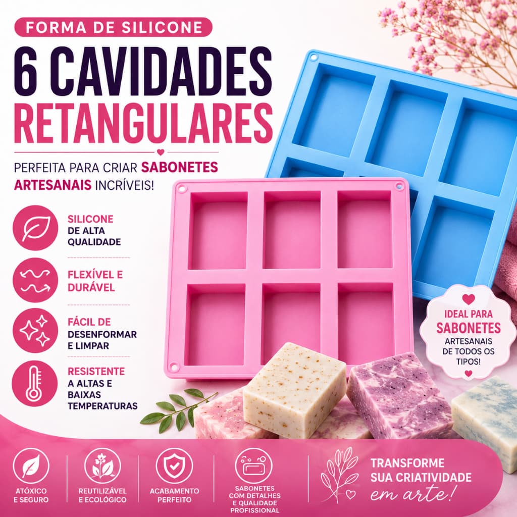 Forma Molde Silicone Seis Cavidades Sabonete Retangular