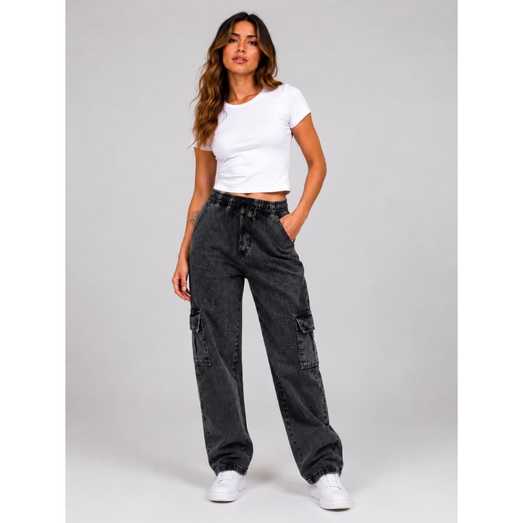 Calça Jeans Cargo Feminina Cintura Alta Elástica com Cordão, Wide Leg, Bolsos Laterais, Calça Jeans Larga Casual Streetw