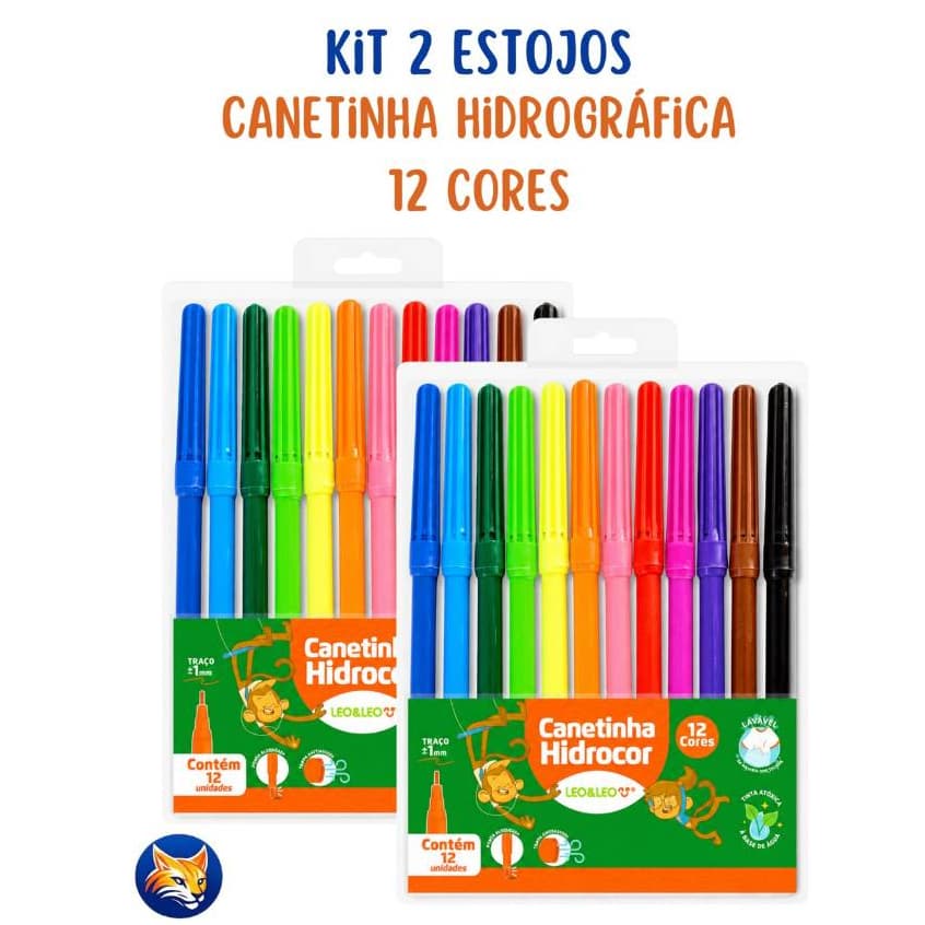 Kit 2 De Estojos Caneta Hidrográfica Hidrocor Lavável Canetinha Com 12 Cores Leo&Leo