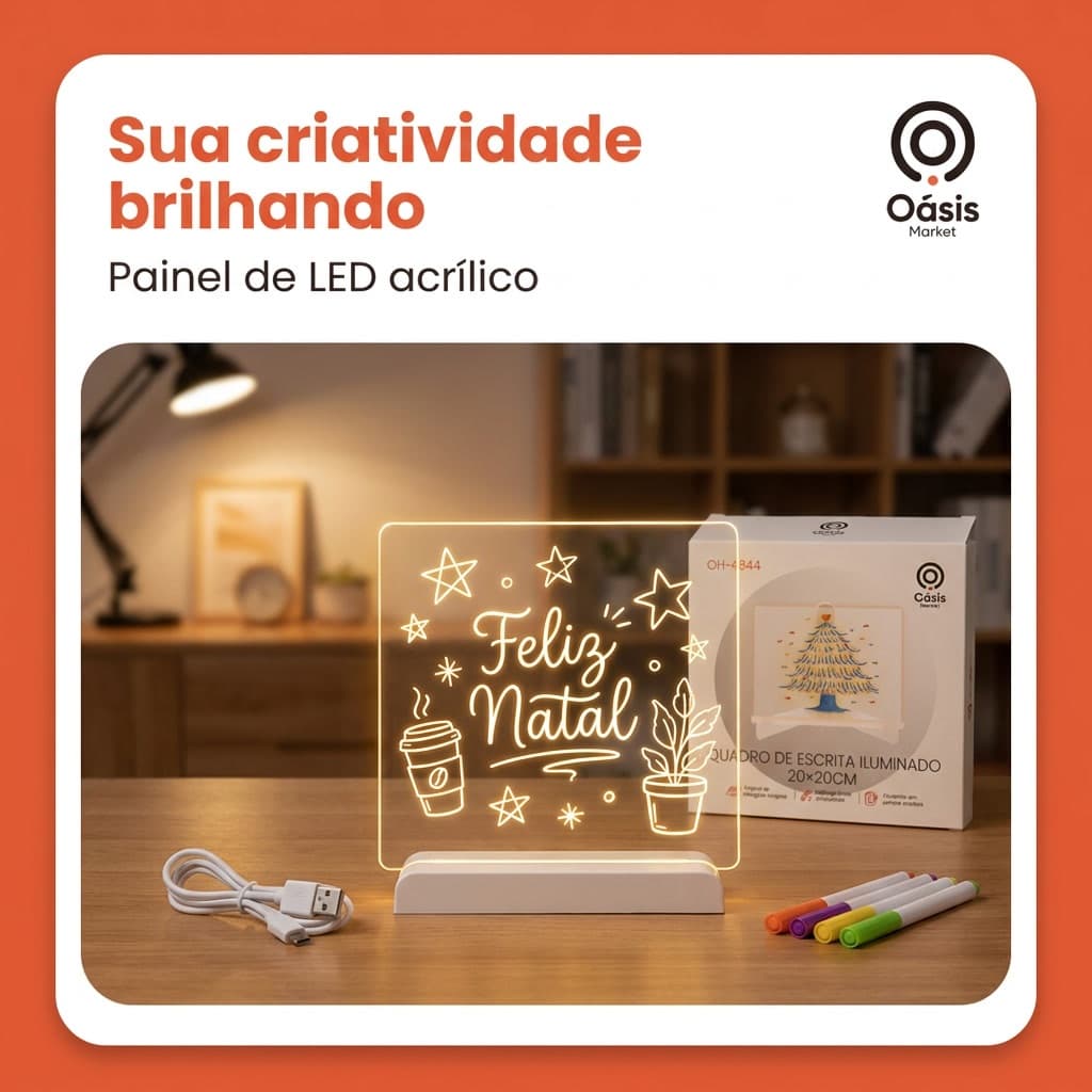 Quadro De Escrita Iluminado Acrilico 20x20cm Lousa Led Bloco De Notas Luminaria Luz Quente Presente
