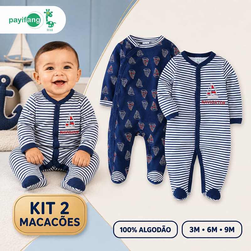Kit 2 Macacões Bebê Menino Payifang 100% Algodão Manga Longa com Pezinho Enxoval Náutico 3M 6M 9M