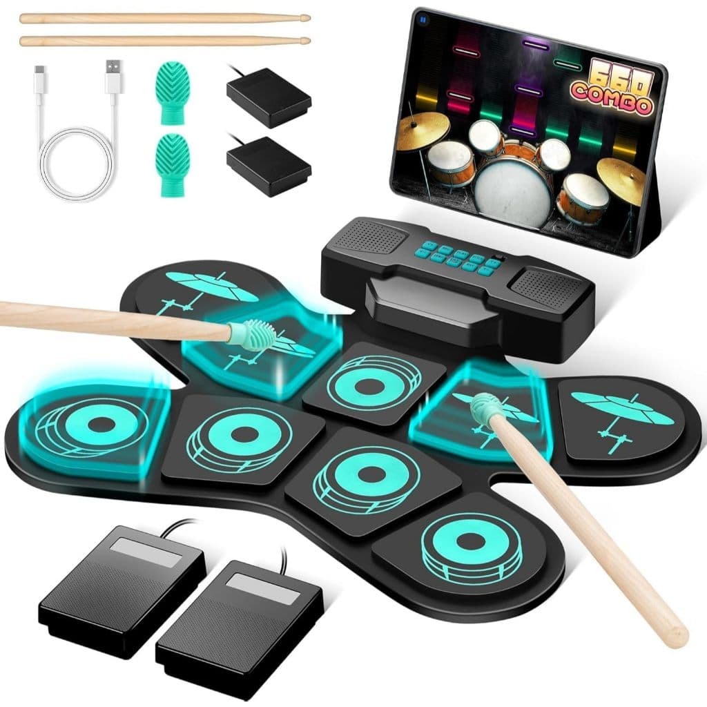 VEDO Kit de Bateria Eletrônica Portátil 9 Pads com Alto-Falantes Duplos, Design Dobrável, Conexão MIDI/Jogos