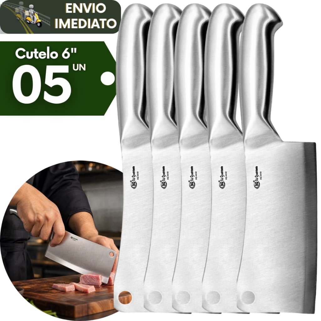 Kit 5 Faca Cutelo Machado 6 Polegada Aço Escovado Cortes Robustos Ideal Cozinha Churrascaria Açougue