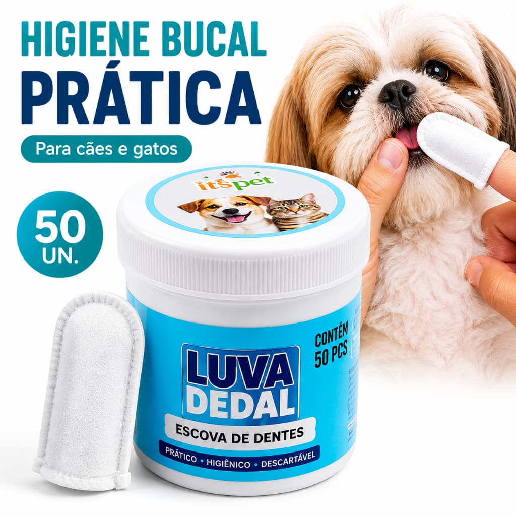 Luva Dedal Escova de Dentes para Cães e Gatos 50 Unidades Higiene Bucal Pet Descartável