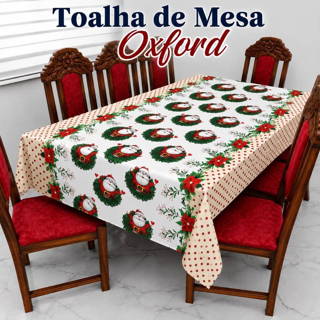 Toalha de Mesa Natalina Oxford 8 Lugares Retangular Estampada para Ceia e Mesa Posta