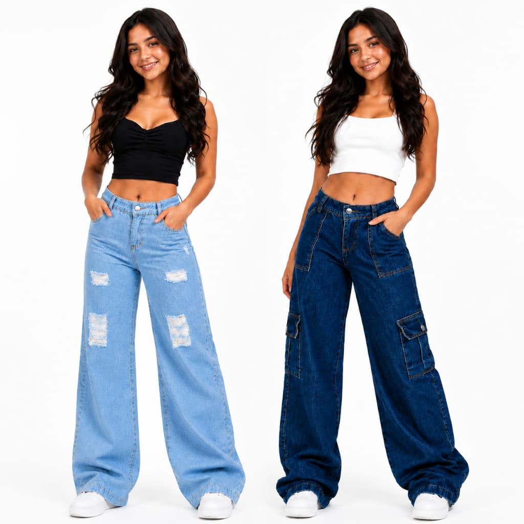 Combo calça cargo + Pantalona jeans wide leg Menina blogueirinha Juvenil 10 ao 16 anos com bolsos