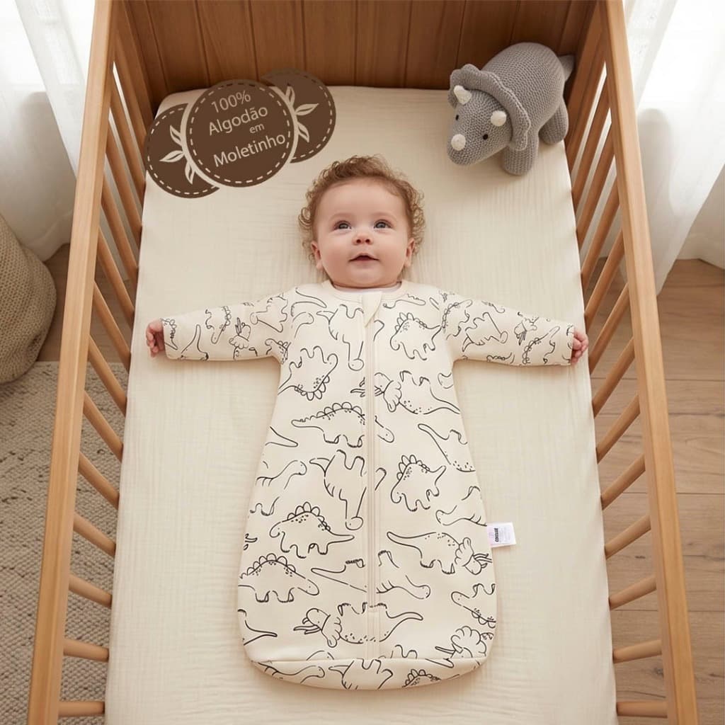 Saco de Dormir Bebê Algodão Manga Longa 9 a 18 meses Casulo de Bebê Dinos Bege Em Moletinho