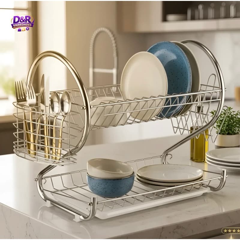 Escorredor de Louças Pia Inox Premium 2 Andares com Bandeja Coletora de Água 14 Pratos e 6 Copos
