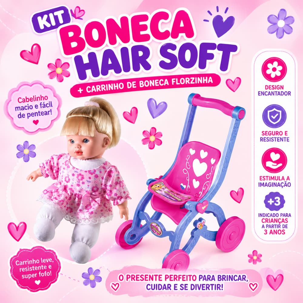 KIT BONECA HAIR SOFT + CARRINHO DE BONECA FLORZINHA