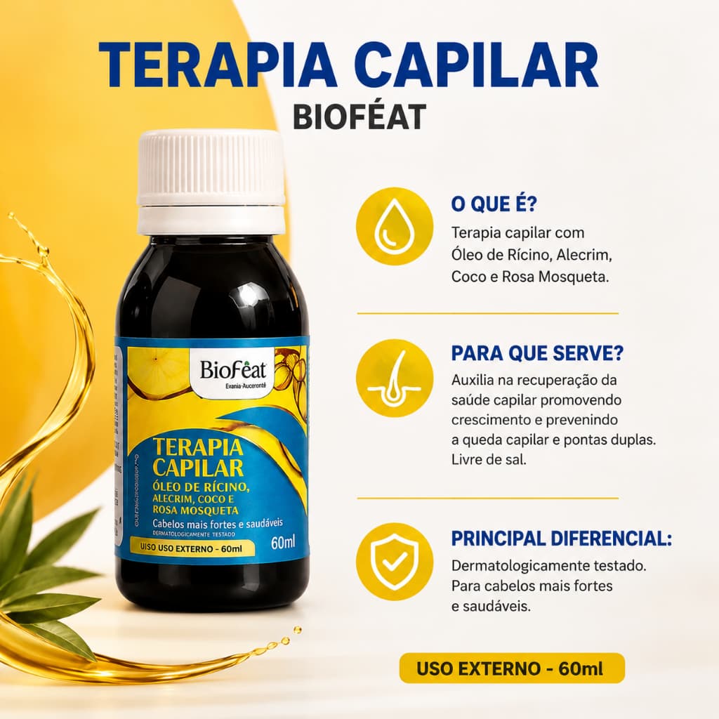 Óleo Terapia Capilar BioFeat 60ml Rícino Alecrim Coco E Rosa Mosqueta Para Fortalecimento