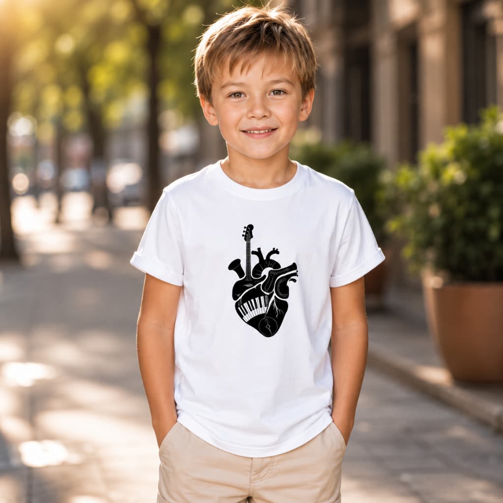 Camiseta Infantil Coração Musical Instrumentos Música Guitarra Bateria