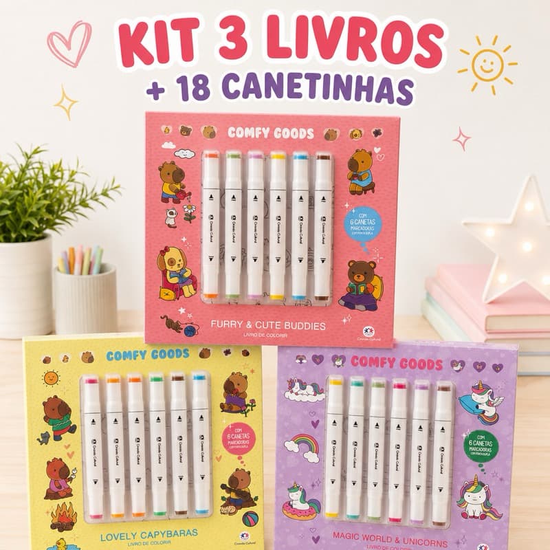Kit 3 Livros de Colorir Comfy Goods com 18 Canetas Ponta Dupla Ciranda Cultural